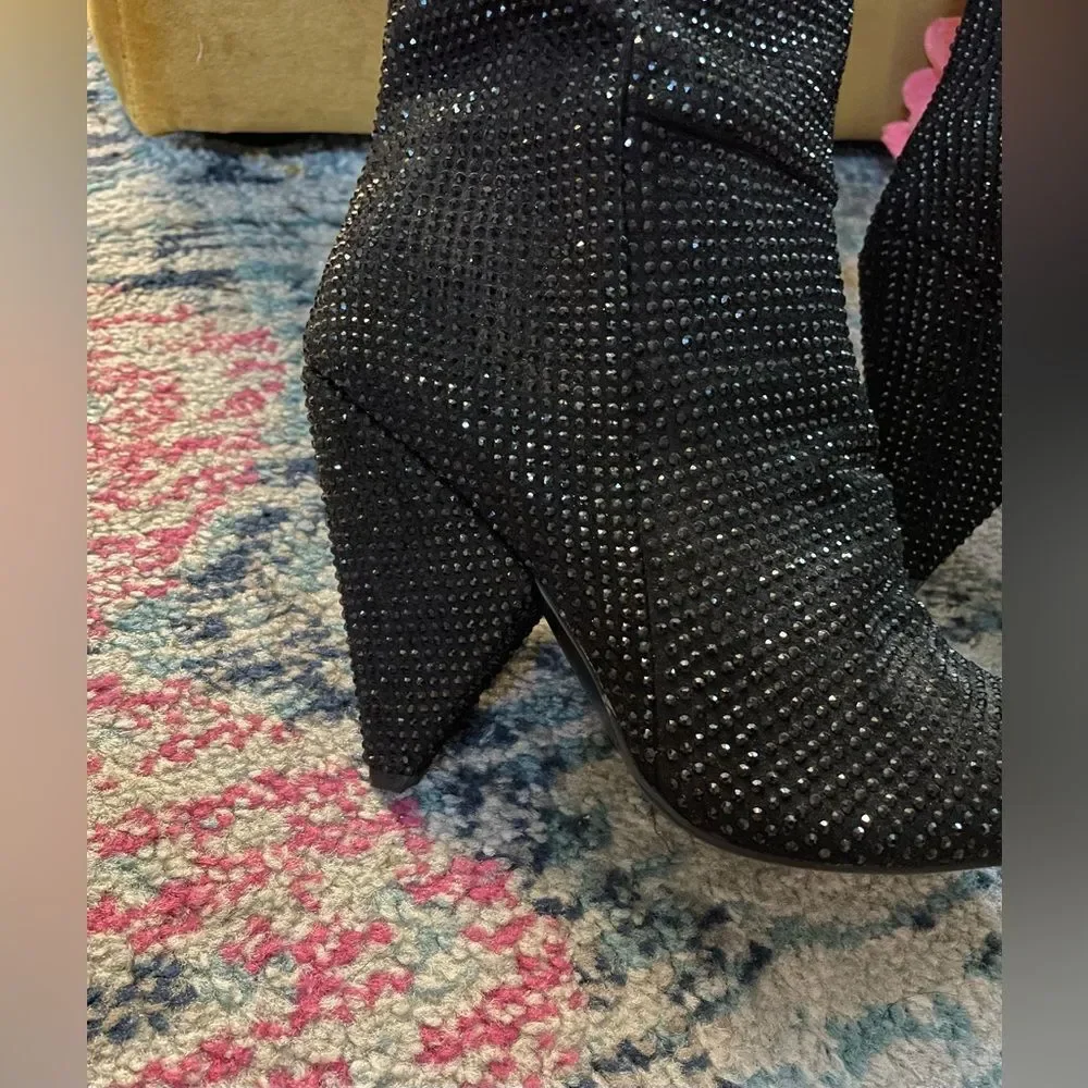 Black Rhinestone Over The Knee Thigh High Pull On Boots Triangle Heel 10